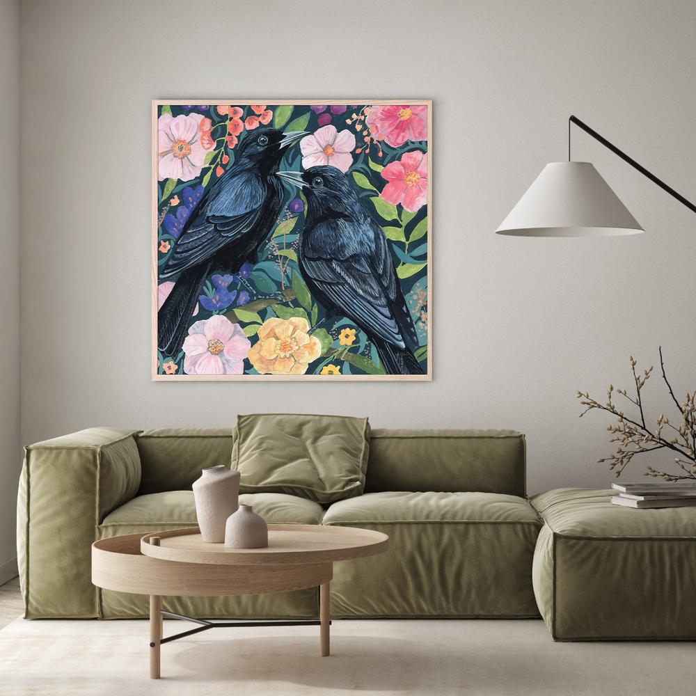 Two Crows on Flowers-by-Kate Jarvik Birch-wall-art-print-canvas-poster-framed-Gioia