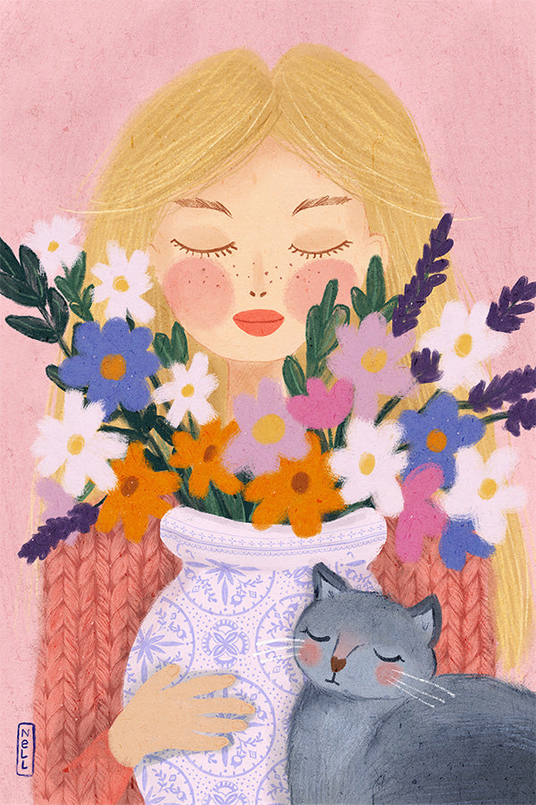 wall-art-print-canvas-poster-framed-A Girl and her Cat-1