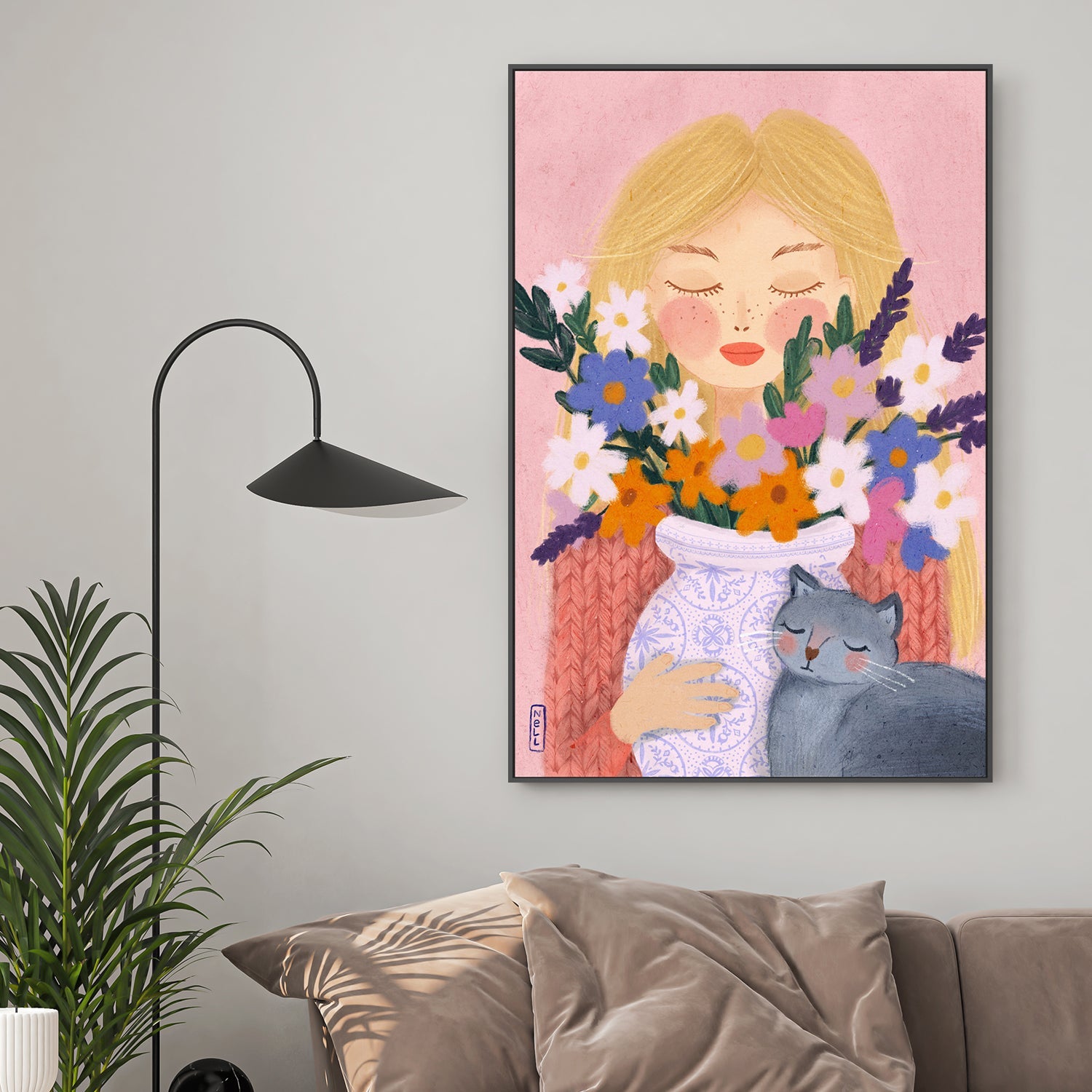 wall-art-print-canvas-poster-framed-A Girl and her Cat-2
