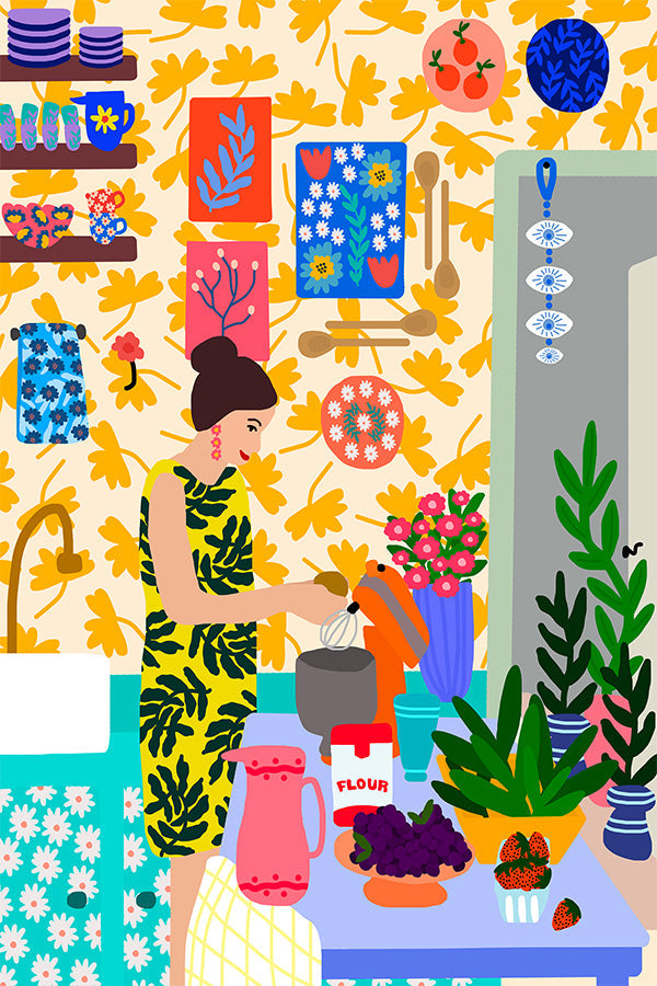 wall-art-print-canvas-poster-framed-A Woman In A Kitchen With Flowers-1