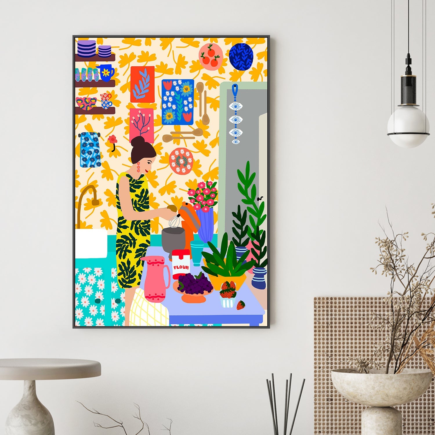 wall-art-print-canvas-poster-framed-A Woman In A Kitchen With Flowers-2