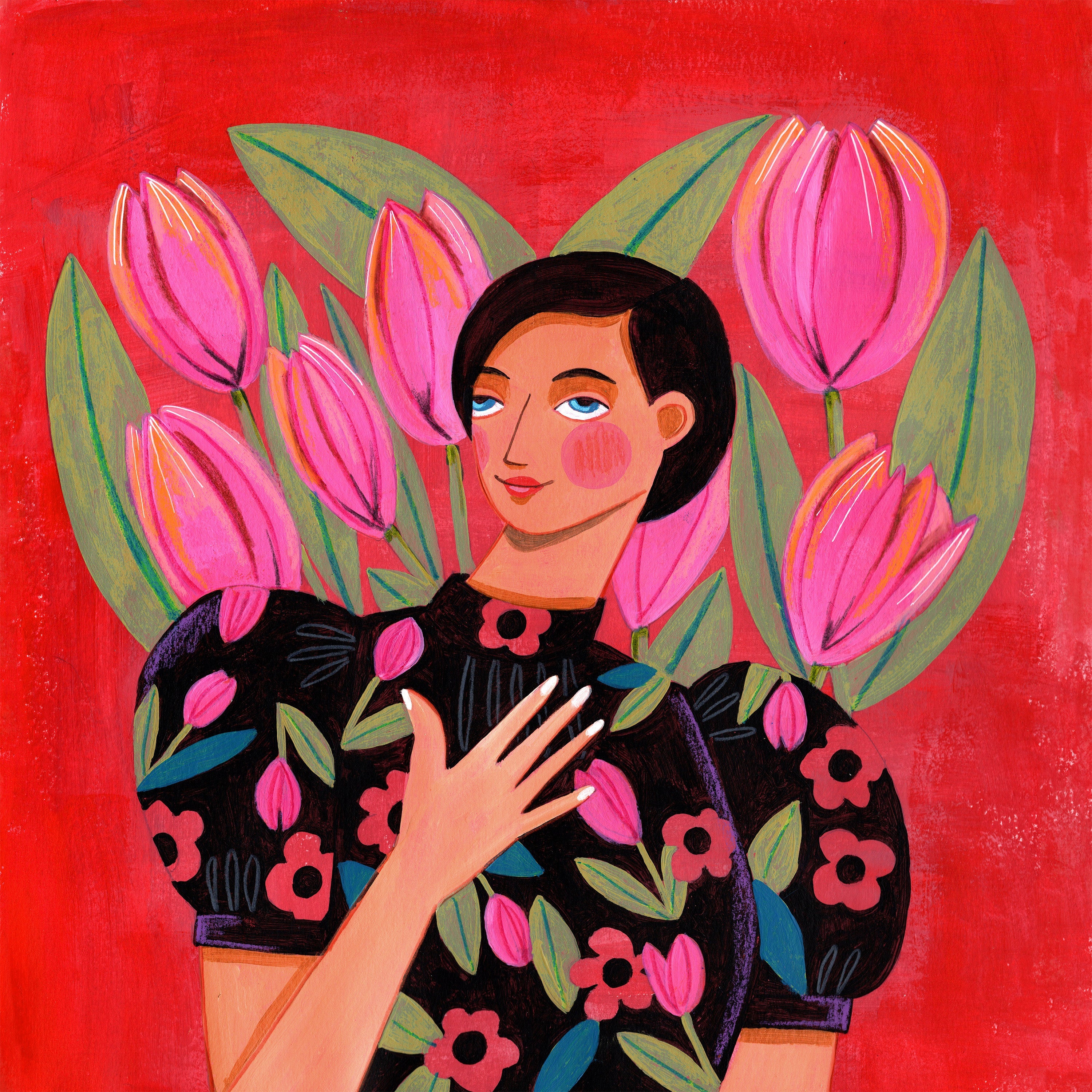 wall-art-print-canvas-poster-framed-Abstract Modern Portrait Woman with Tulips-1