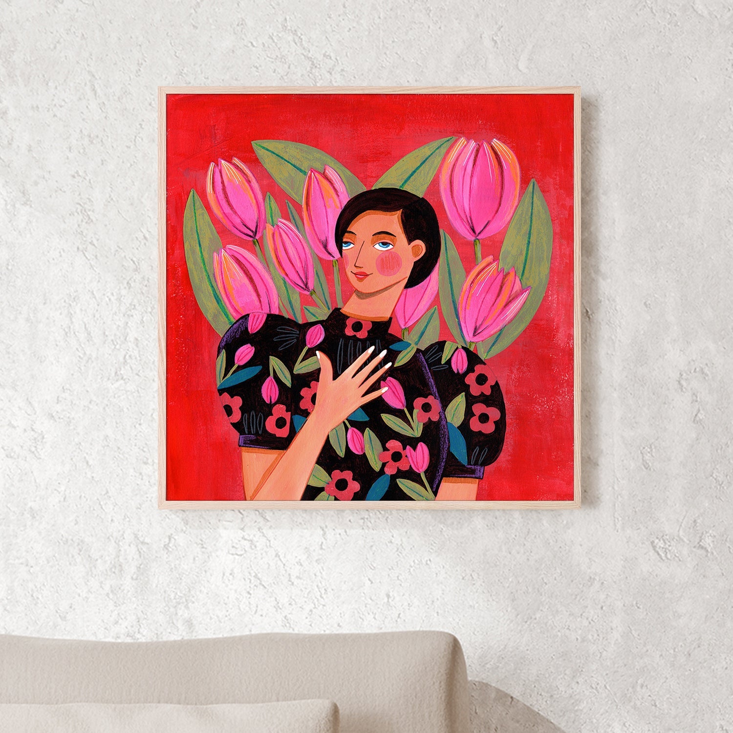 wall-art-print-canvas-poster-framed-Abstract Modern Portrait Woman with Tulips-2