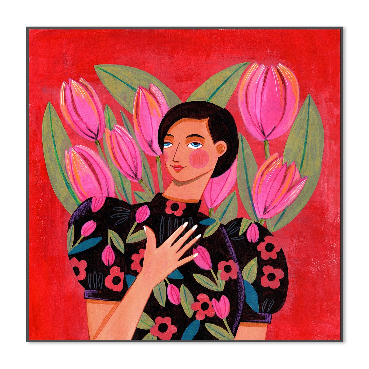 wall-art-print-canvas-poster-framed-Abstract Modern Portrait Woman with Tulips-3
