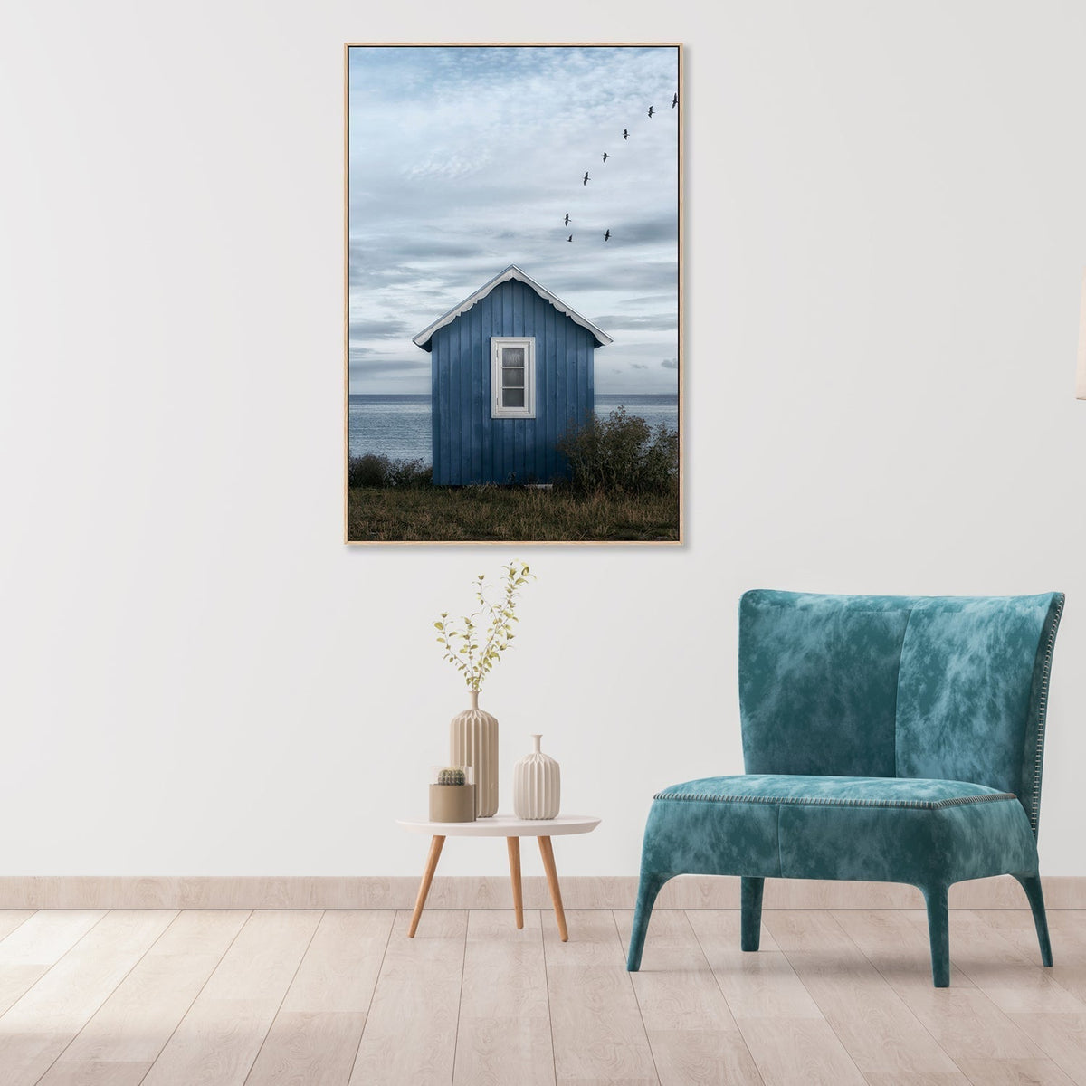 Beach Hut, by Lotte Grinkjar-Gioia-Prints-Framed-Canvas-Poster-GIOIA-WALL-ART