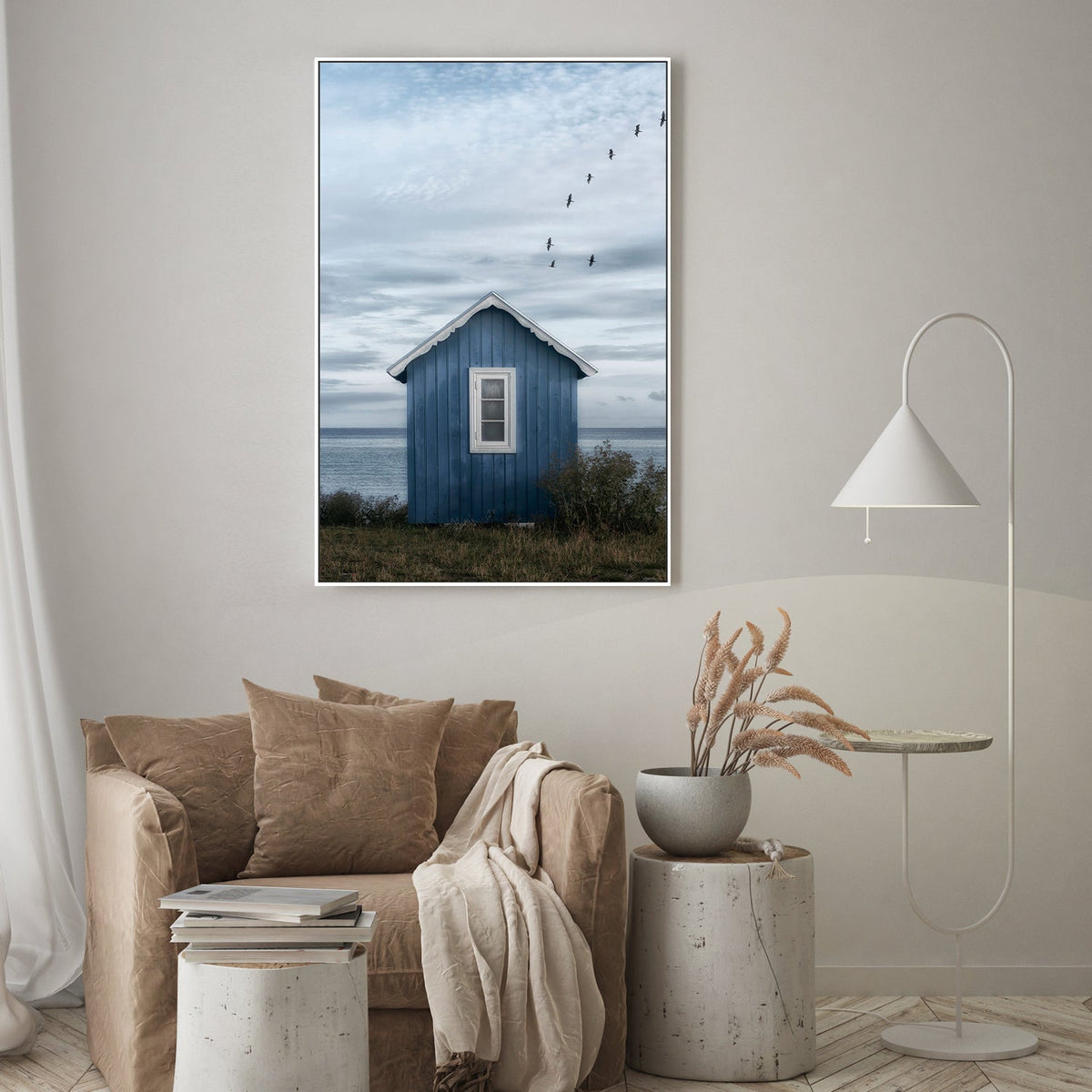 Beach Hut, by Lotte Grinkjar-Gioia-Prints-Framed-Canvas-Poster-GIOIA-WALL-ART