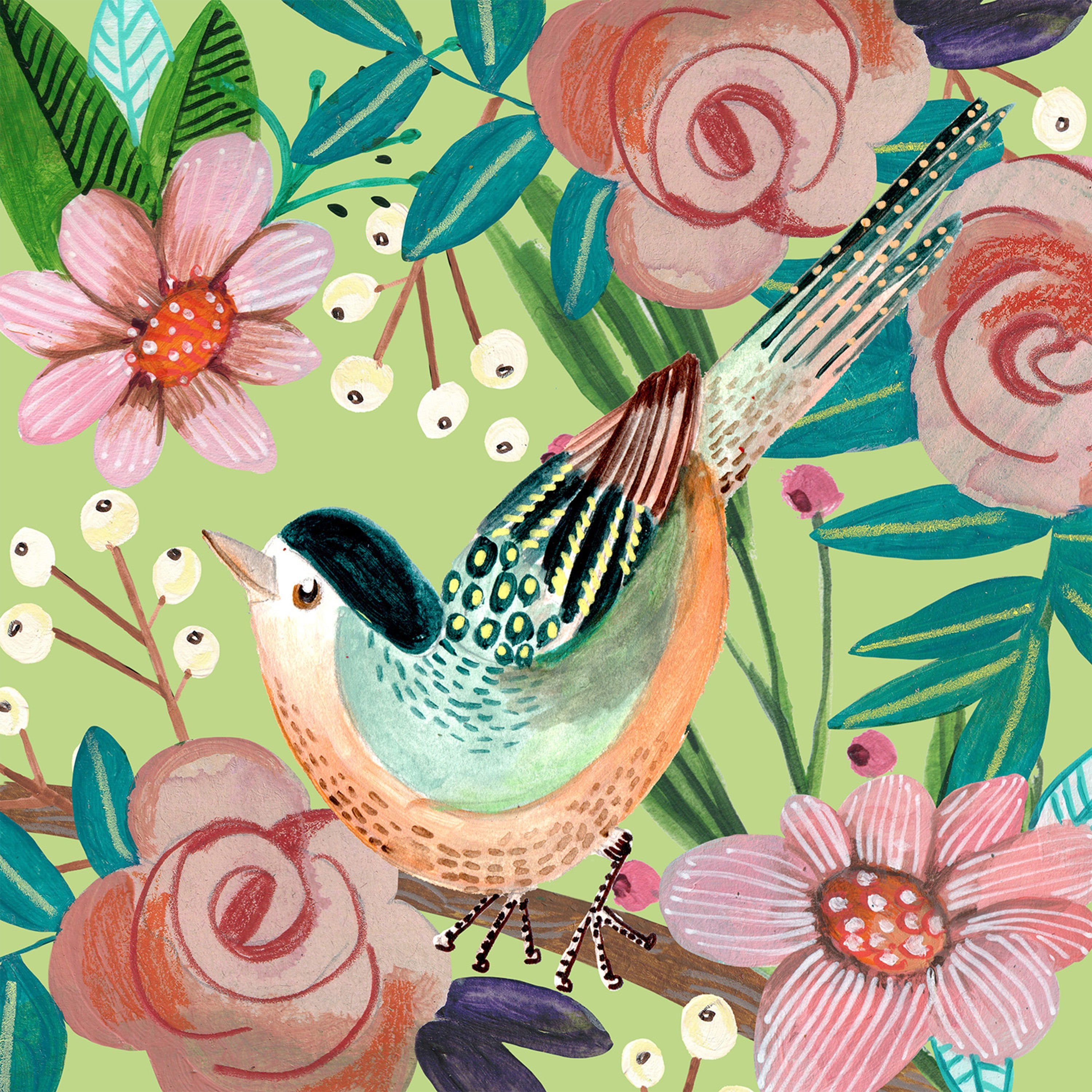 wall-art-print-canvas-poster-framed-Bird and Flowers, Style A-1
