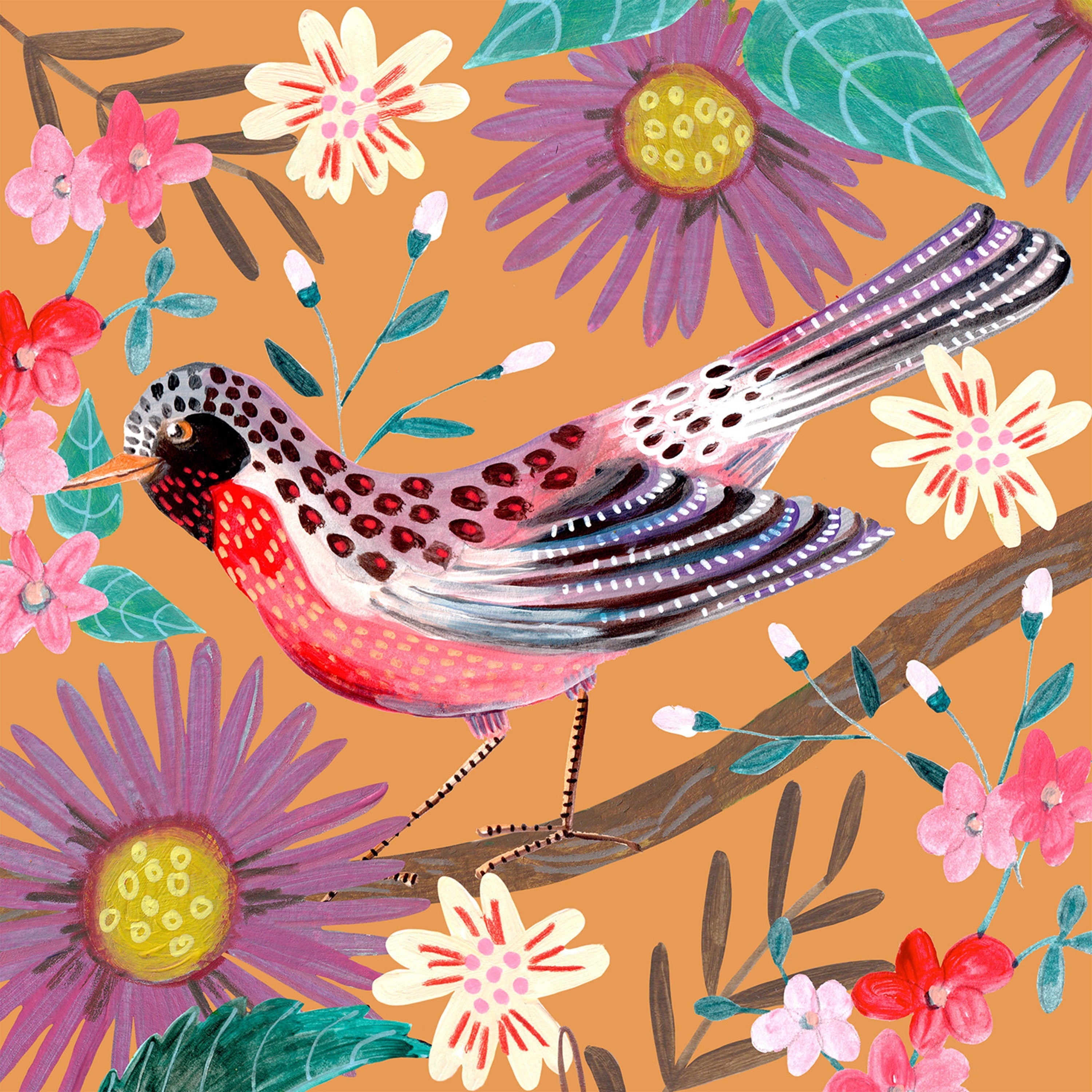 wall-art-print-canvas-poster-framed-Bird and Flowers, Style B-1