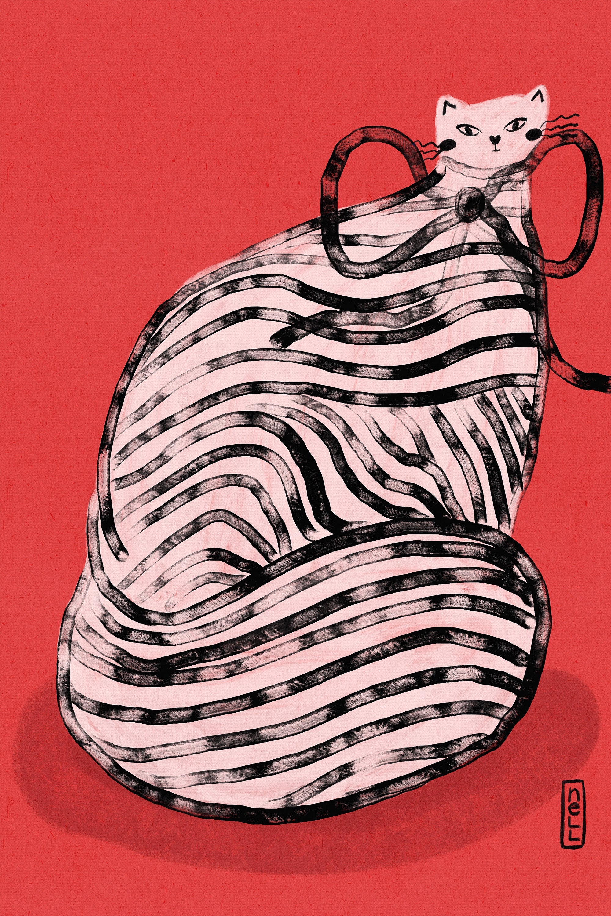 wall-art-print-canvas-poster-framed-Black and White Stripe Cat Illustration Poster-1