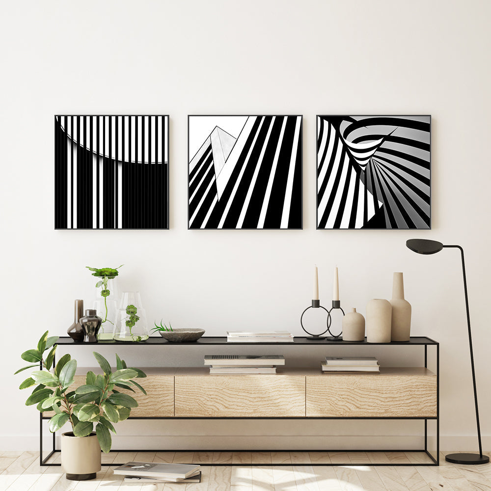 wall-art-print-canvas-poster-framed-Black And White Striped Geometry, Set Of 3 , By Gilbert Claes-GIOIA-WALL-ART