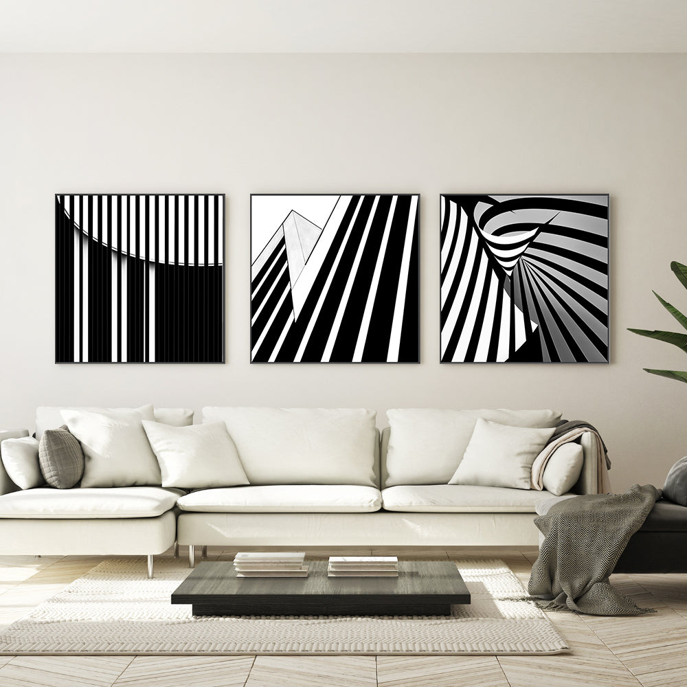 wall-art-print-canvas-poster-framed-Black And White Striped Geometry, Set Of 3 , By Gilbert Claes-GIOIA-WALL-ART