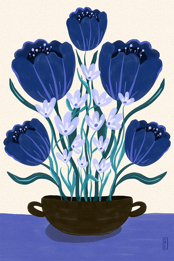 wall-art-print-canvas-poster-framed-Blue Berry Dreams Retro Flowers-1