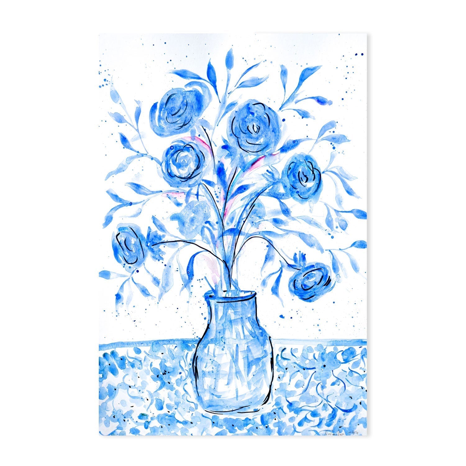 wall-art-print-canvas-poster-framed-Blue Vase Of Flowers , By Nadar Musa-GIOIA-WALL-ART