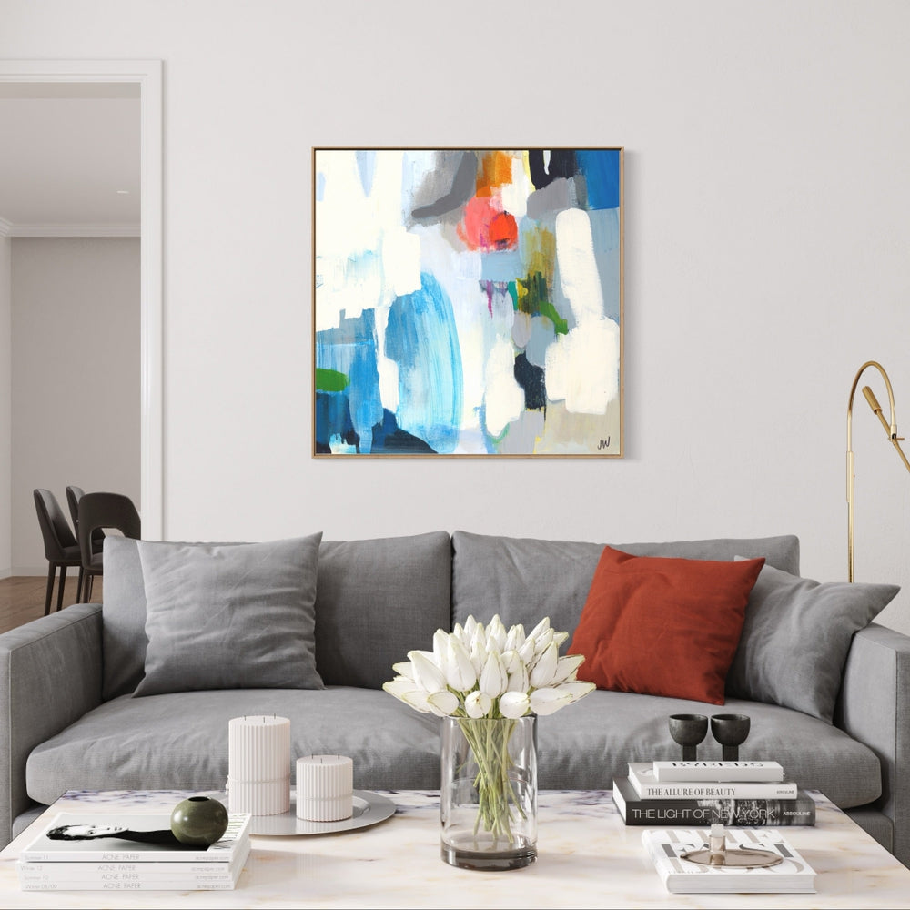 wall-art-print-canvas-poster-framed-Blue, White, Red And Green Abstract-by-Jenny Westenhofer Art-Gioia Wall Art
