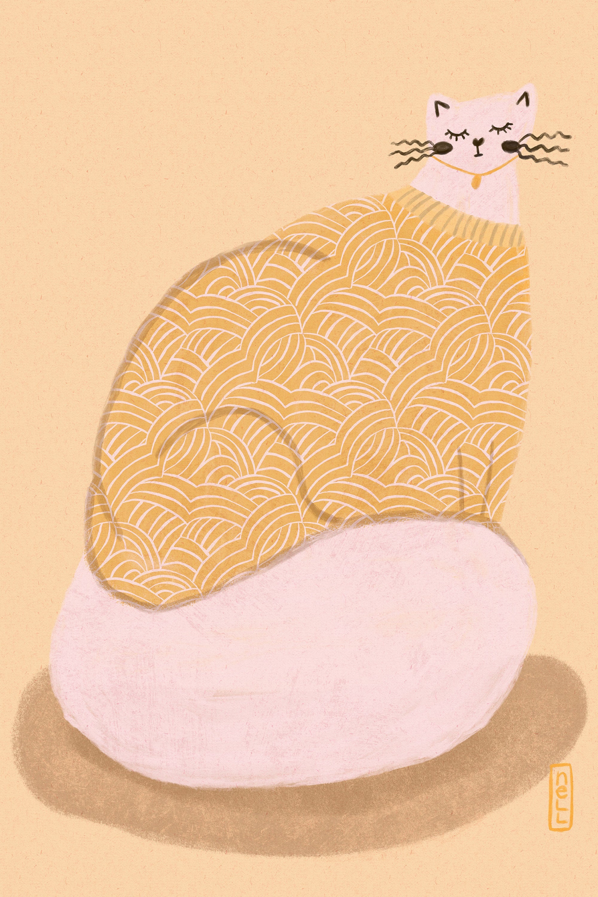 wall-art-print-canvas-poster-framed-Cat in a Butter Yellow Jersey Illustration Poster-1