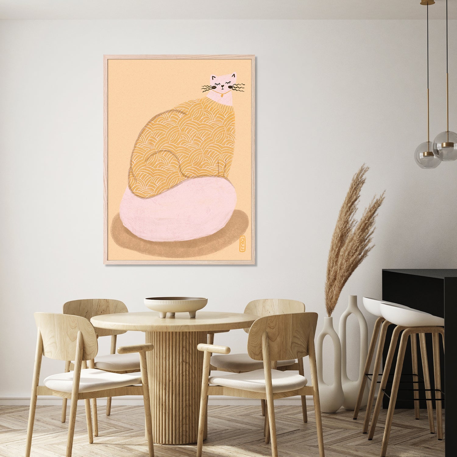 wall-art-print-canvas-poster-framed-Cat in a Butter Yellow Jersey Illustration Poster-8