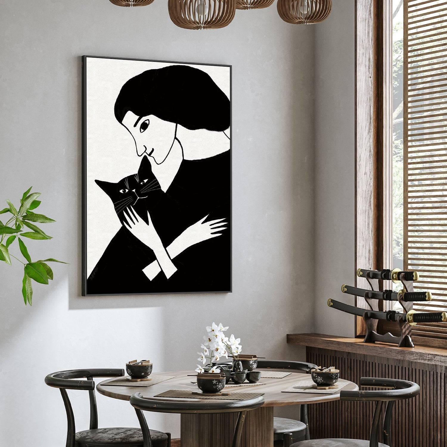 wall-art-print-canvas-poster-framed-Cat Lady With Black Cat , By Sharyn Bursic-2