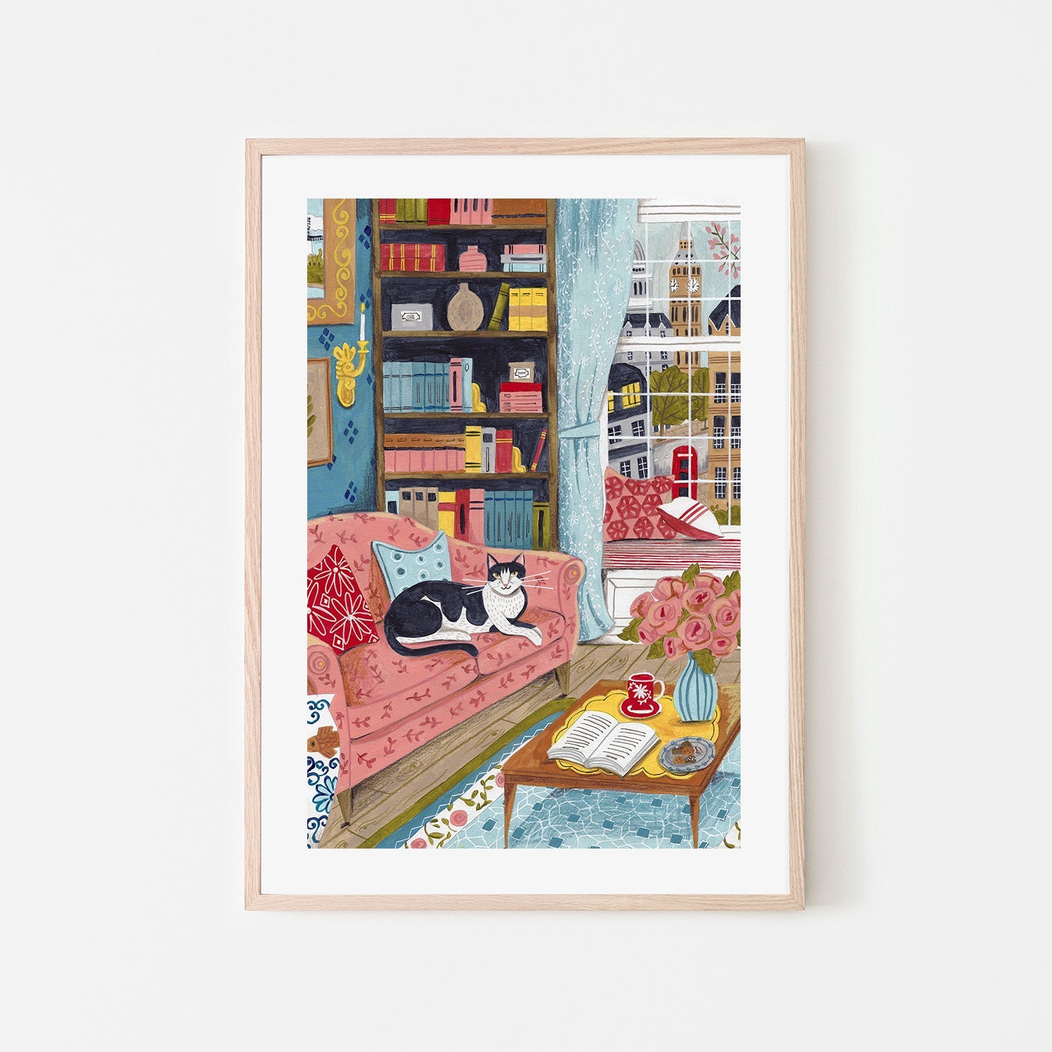 wall-art-print-canvas-poster-framed-Cat on sofa in London paster colours-6