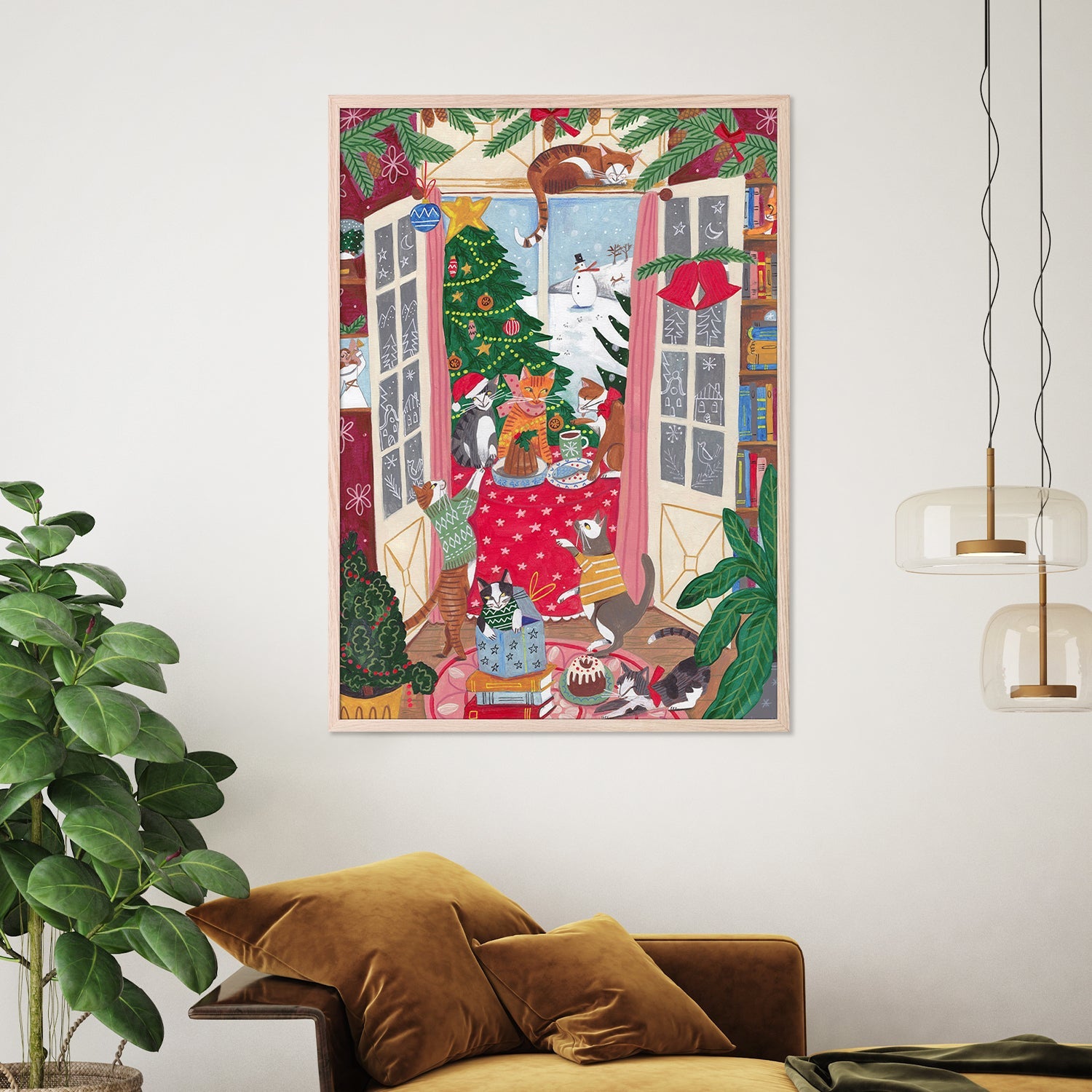 wall-art-print-canvas-poster-framed-Cats in the Window at a Snowy Christmas in Bright Colours-2