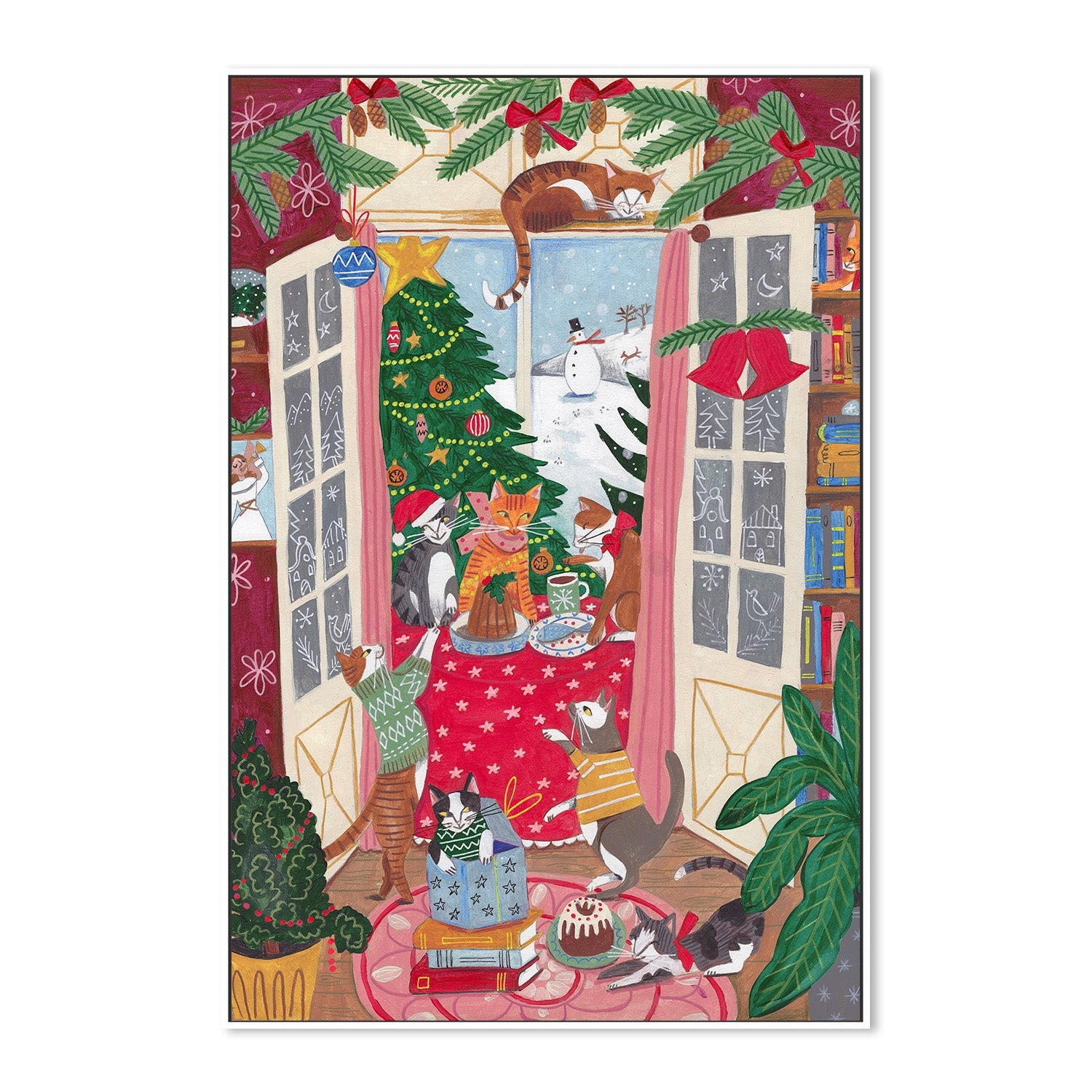 wall-art-print-canvas-poster-framed-Cats in the Window at a Snowy Christmas in Bright Colours-5