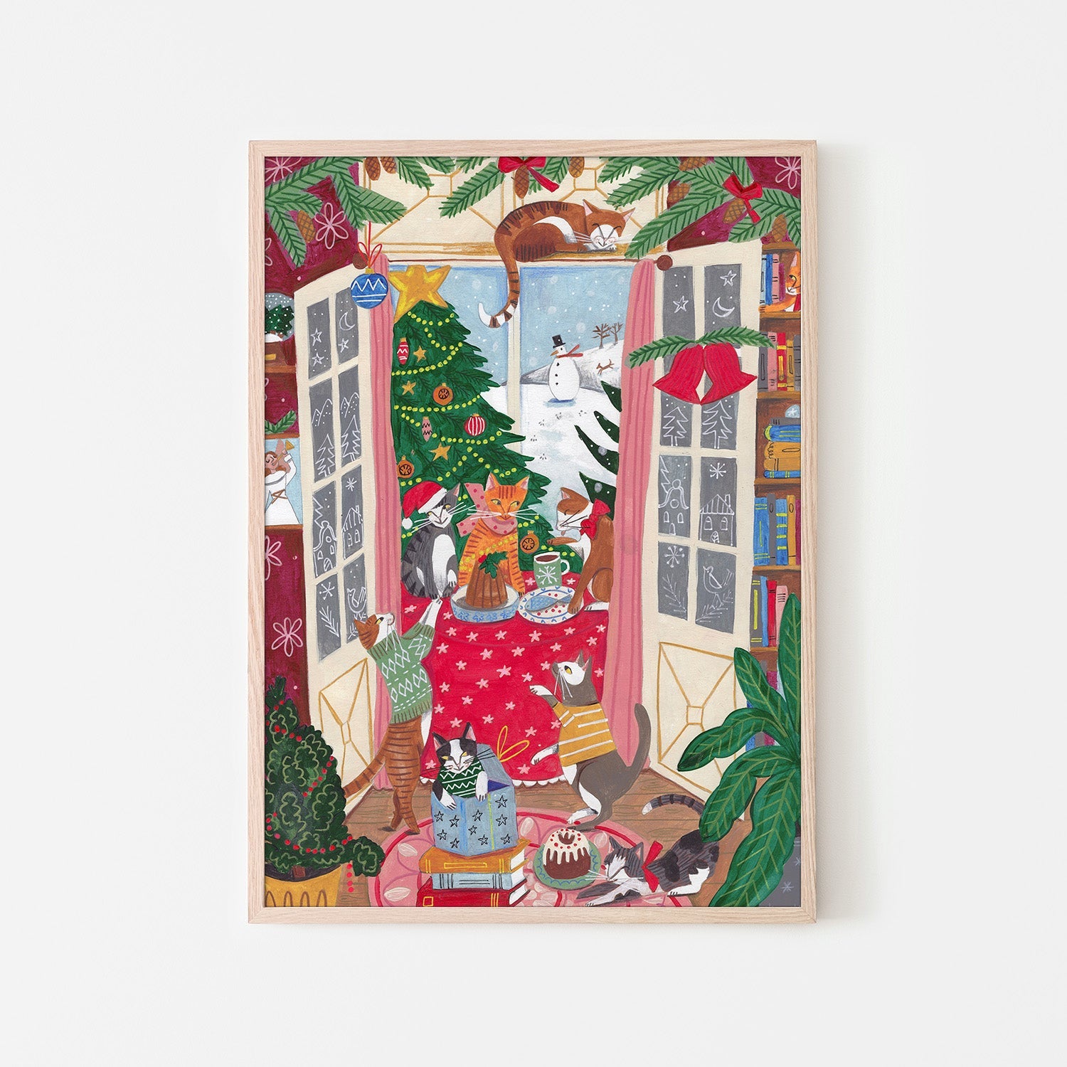 wall-art-print-canvas-poster-framed-Cats in the Window at a Snowy Christmas in Bright Colours-6