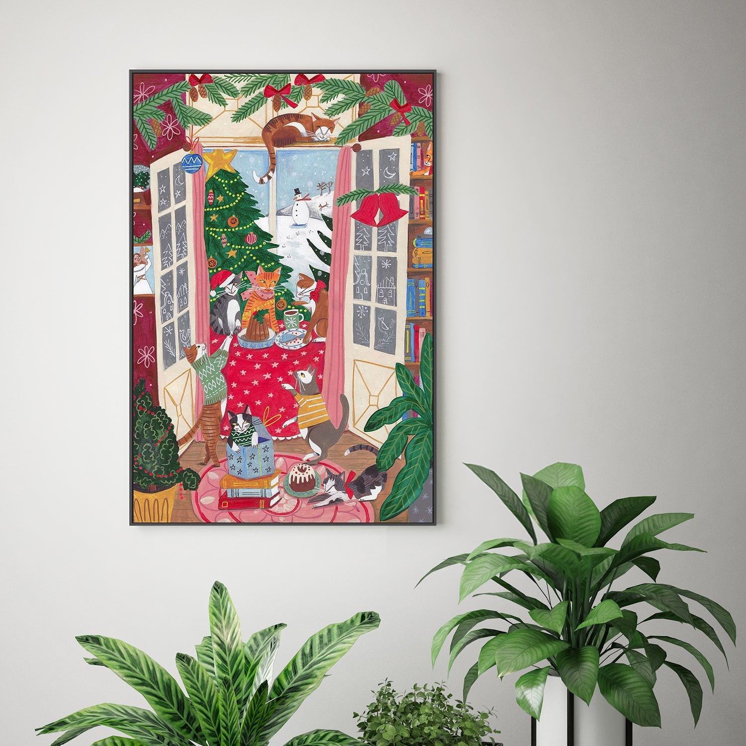 wall-art-print-canvas-poster-framed-Cats in the Window at a Snowy Christmas in Bright Colours-8