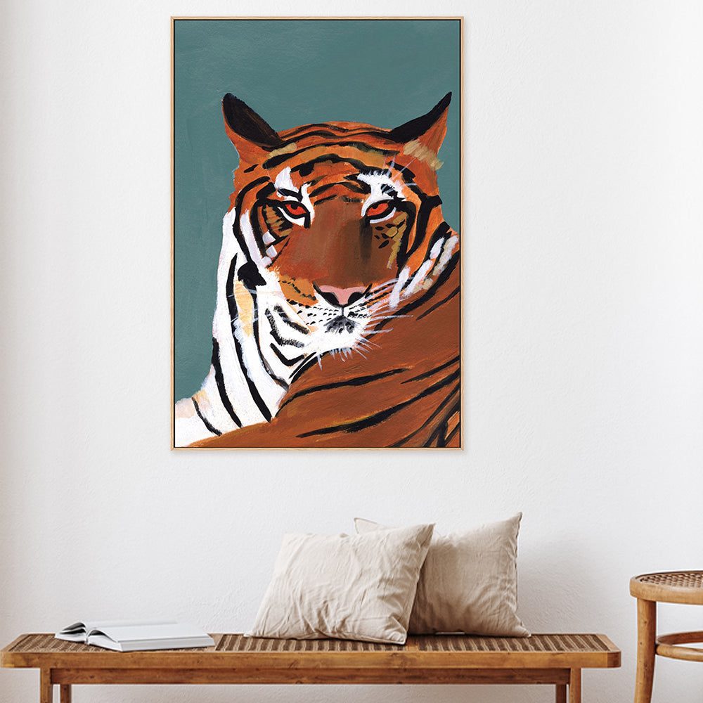 wall-art-print-canvas-poster-framed-Colorful Tiger on Teal-by-Pamela Munger-Gioia Wall Art