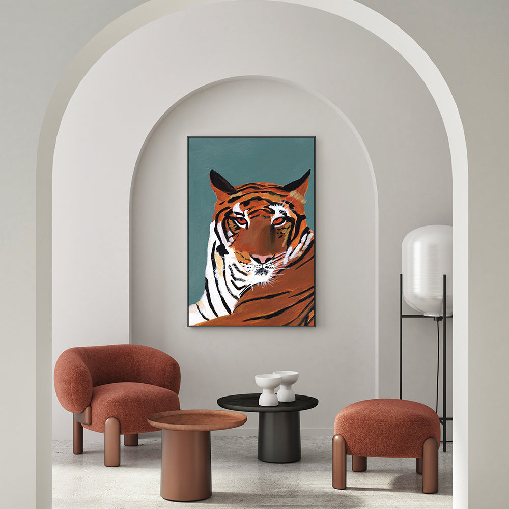 wall-art-print-canvas-poster-framed-Colorful Tiger on Teal-by-Pamela Munger-Gioia Wall Art
