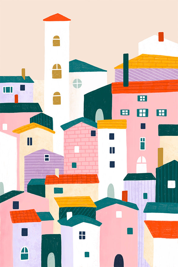 wall-art-print-canvas-poster-framed-Colorful Village Scene-1