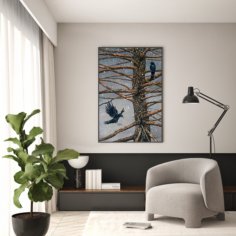 wall-art-print-canvas-poster-framed-Corvus Corvidae And The Cedar , By Maggie Vandewalle-GIOIA-WALL-ART