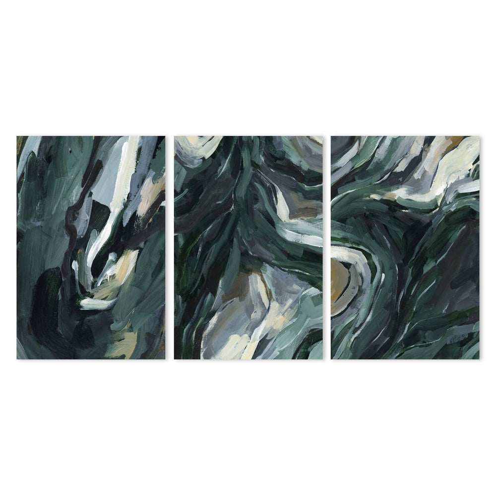 wall-art-print-canvas-poster-framed-Dark Green Abstract, Set Of 3-by-Emily Wood-Gioia Wall Art