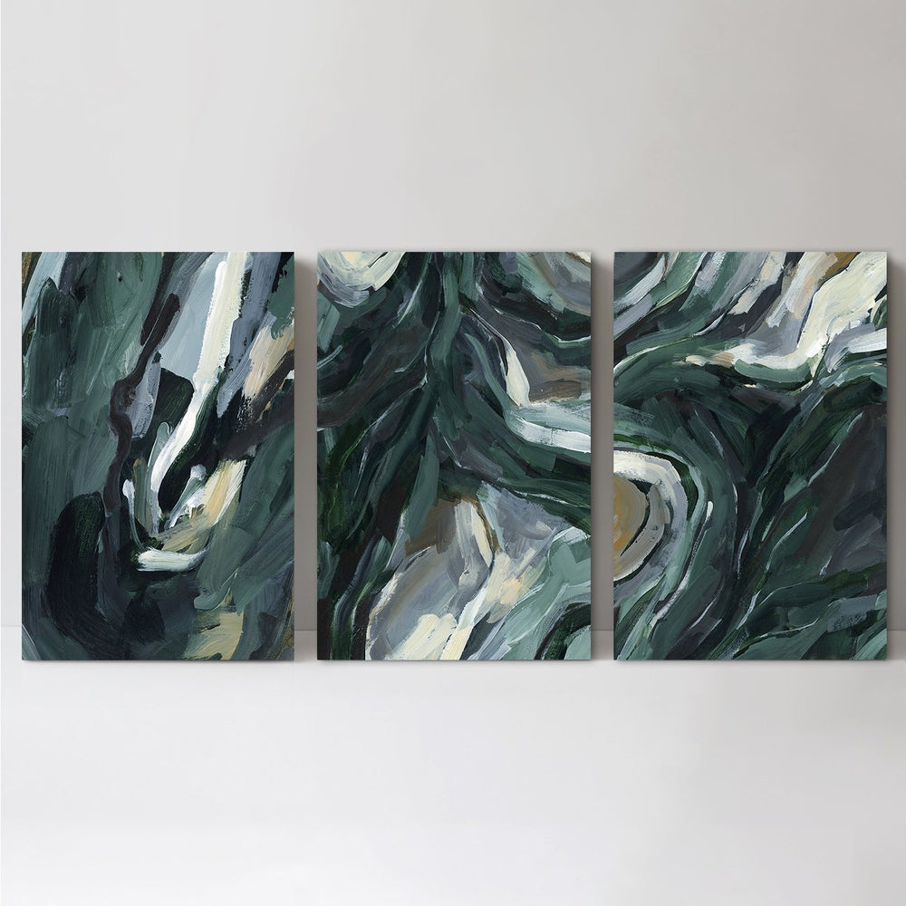 wall-art-print-canvas-poster-framed-Dark Green Abstract, Set Of 3-by-Emily Wood-Gioia Wall Art