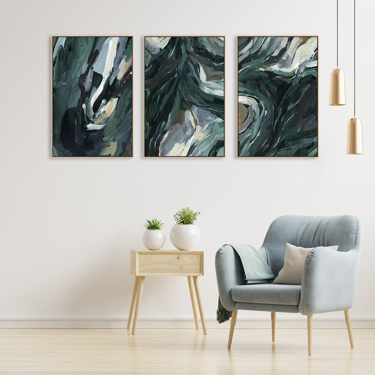 wall-art-print-canvas-poster-framed-Dark Green Abstract, Set Of 3-by-Emily Wood-Gioia Wall Art