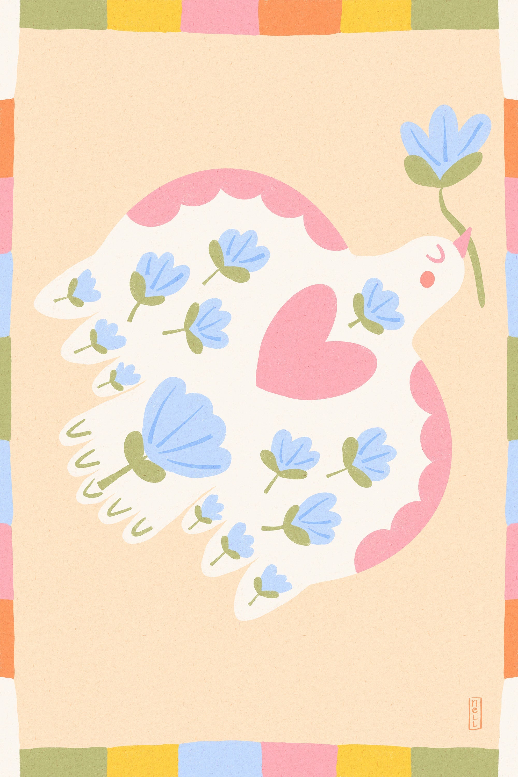 wall-art-print-canvas-poster-framed-Dove of Peace with Flowers Illustration-1