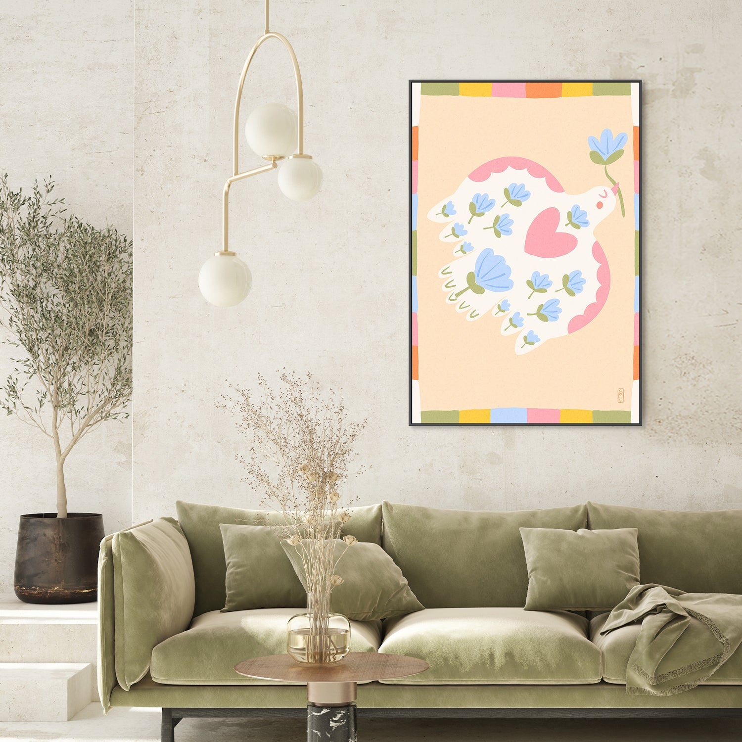 wall-art-print-canvas-poster-framed-Dove of Peace with Flowers Illustration-2