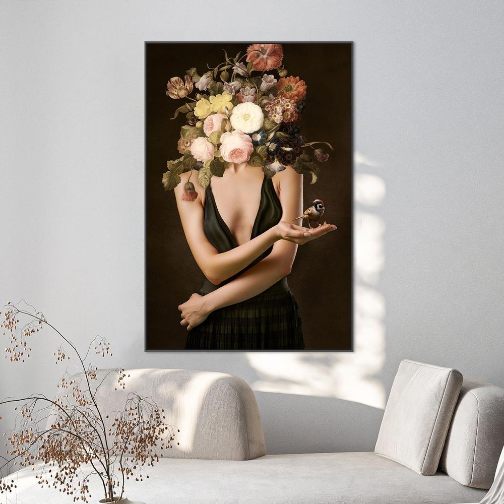 wall-art-print-canvas-poster-framed-Elegant Floral Woman Goldfinch-2