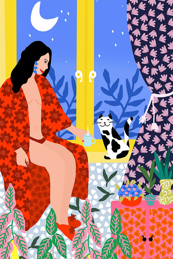 wall-art-print-canvas-poster-framed-Evening Tea With Cat-1