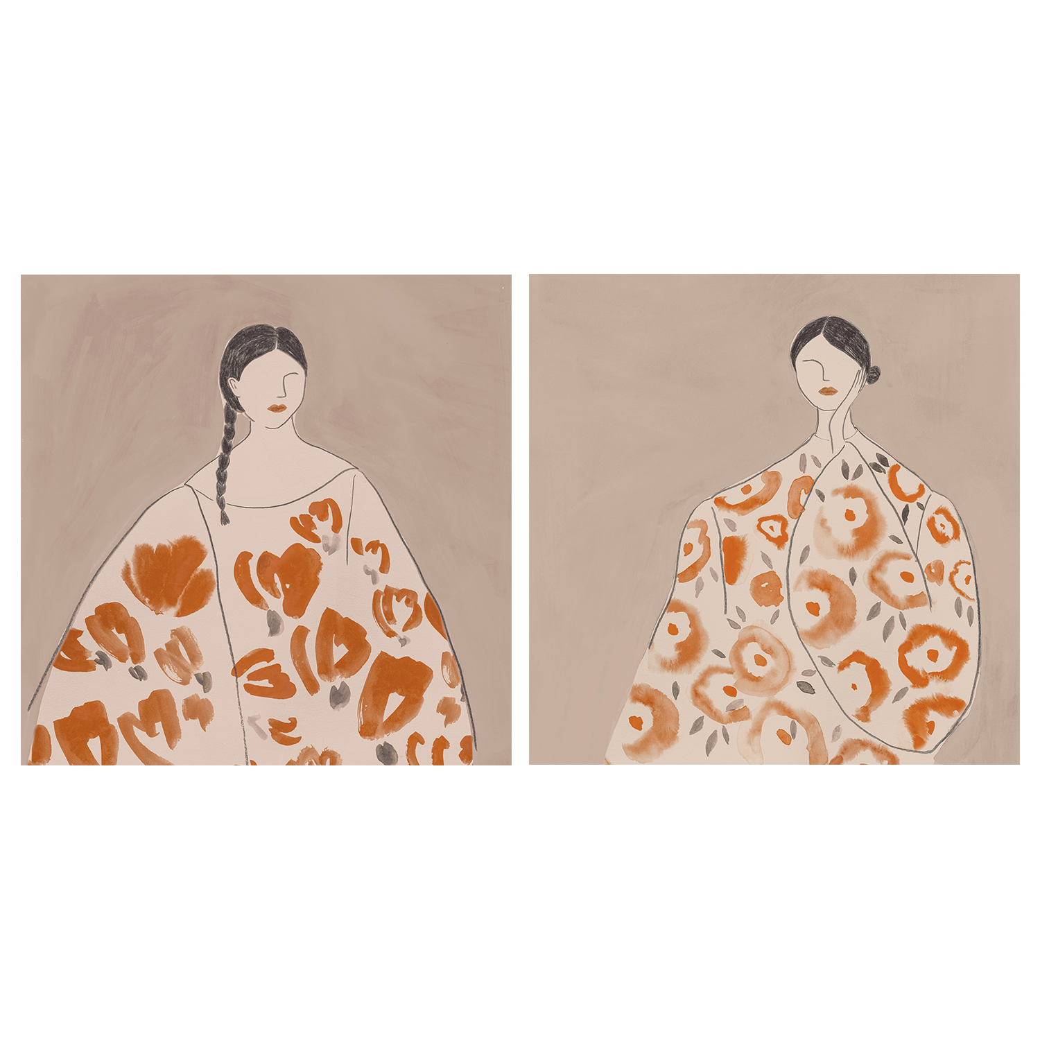 wall-art-print-canvas-poster-framed-Floral Woman, Mocha Tone, Style A & B, Set Of 2 , By Lily K-1