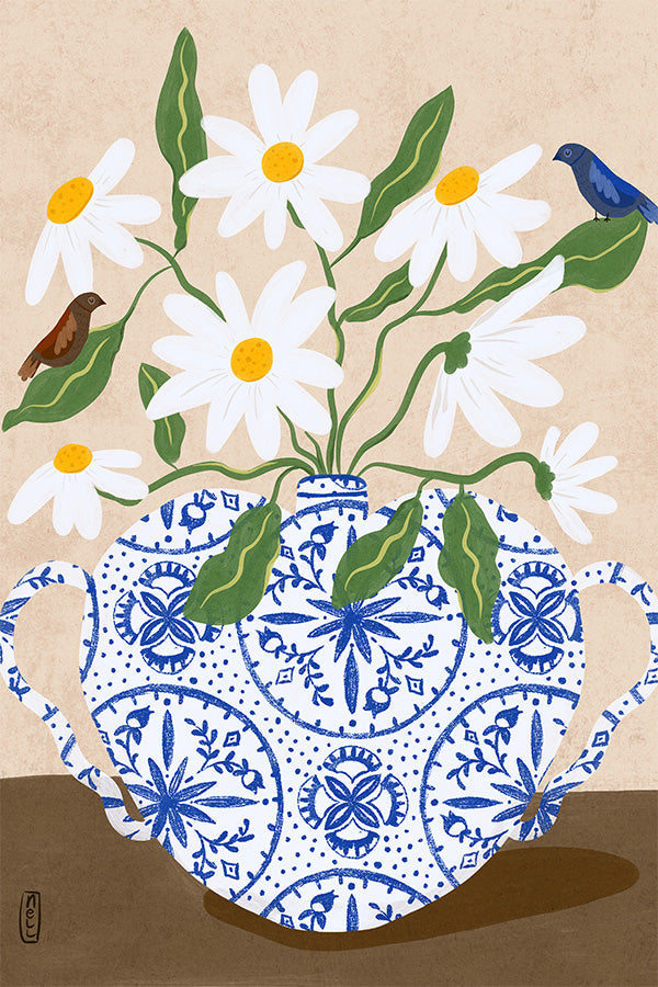 wall-art-print-canvas-poster-framed-Flowers And Birds in a Damask Vase-1