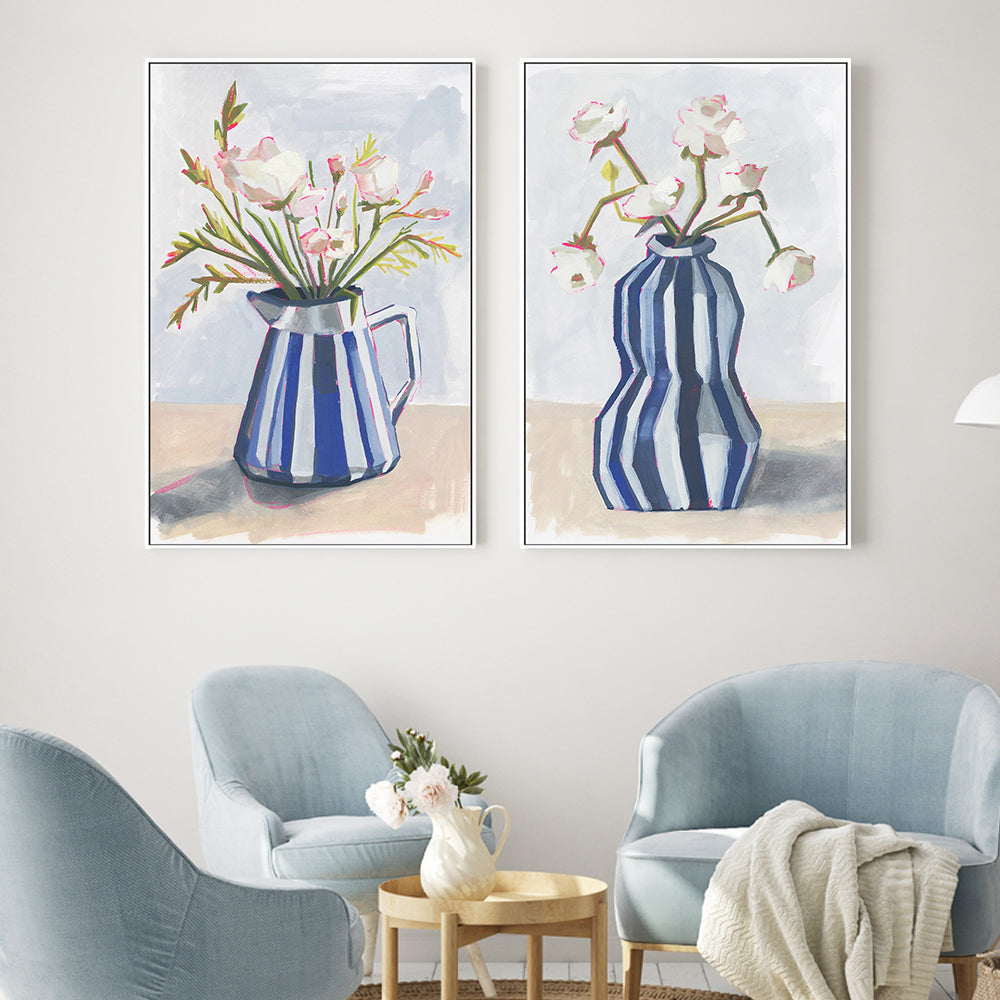 wall-art-print-canvas-poster-framed-Fresh Flowers In A Striped Vase, Style A & B, Set Of-2