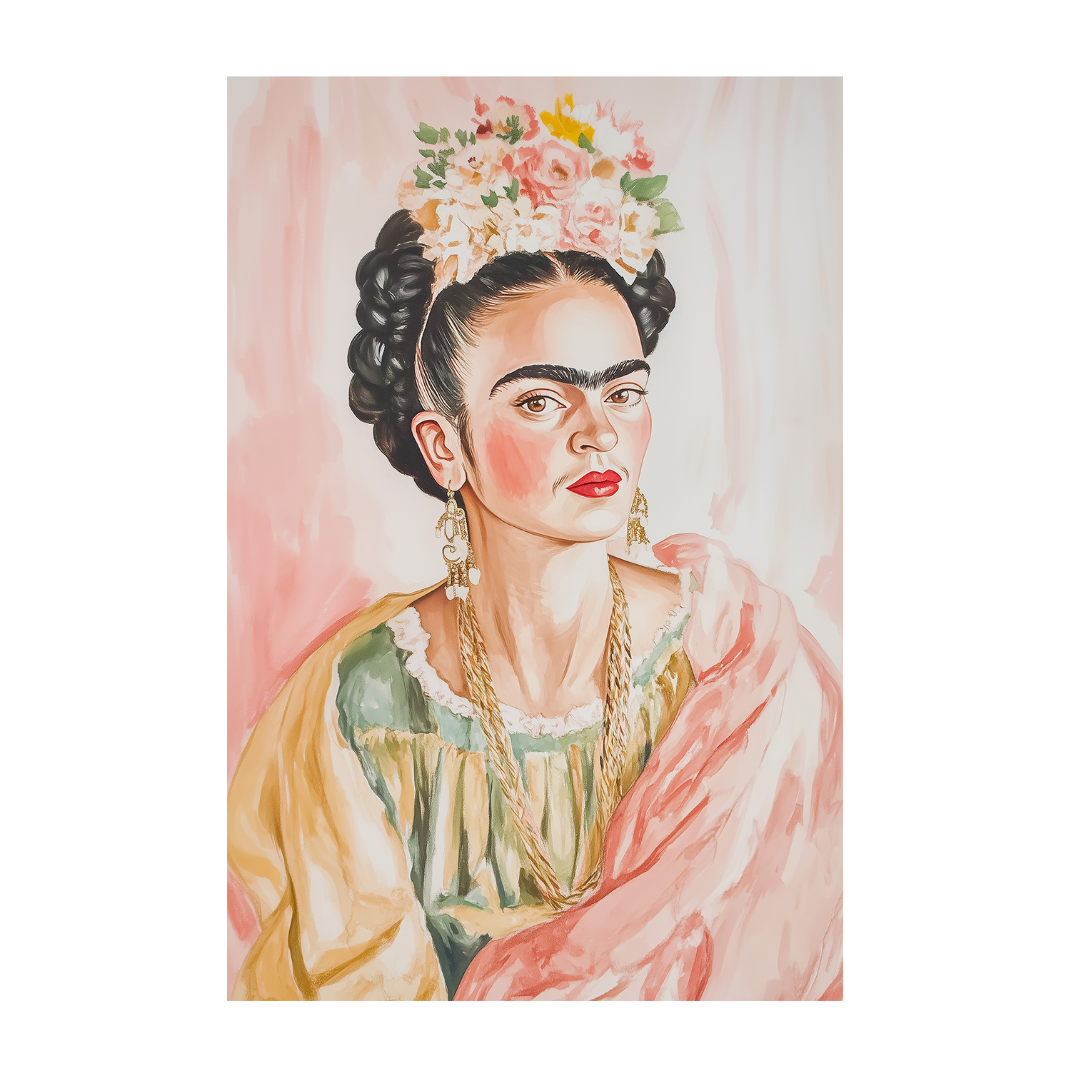 wall-art-print-canvas-poster-framed-Frida with Floral Crown Portrait in Watercolor , By Melloi Art-1