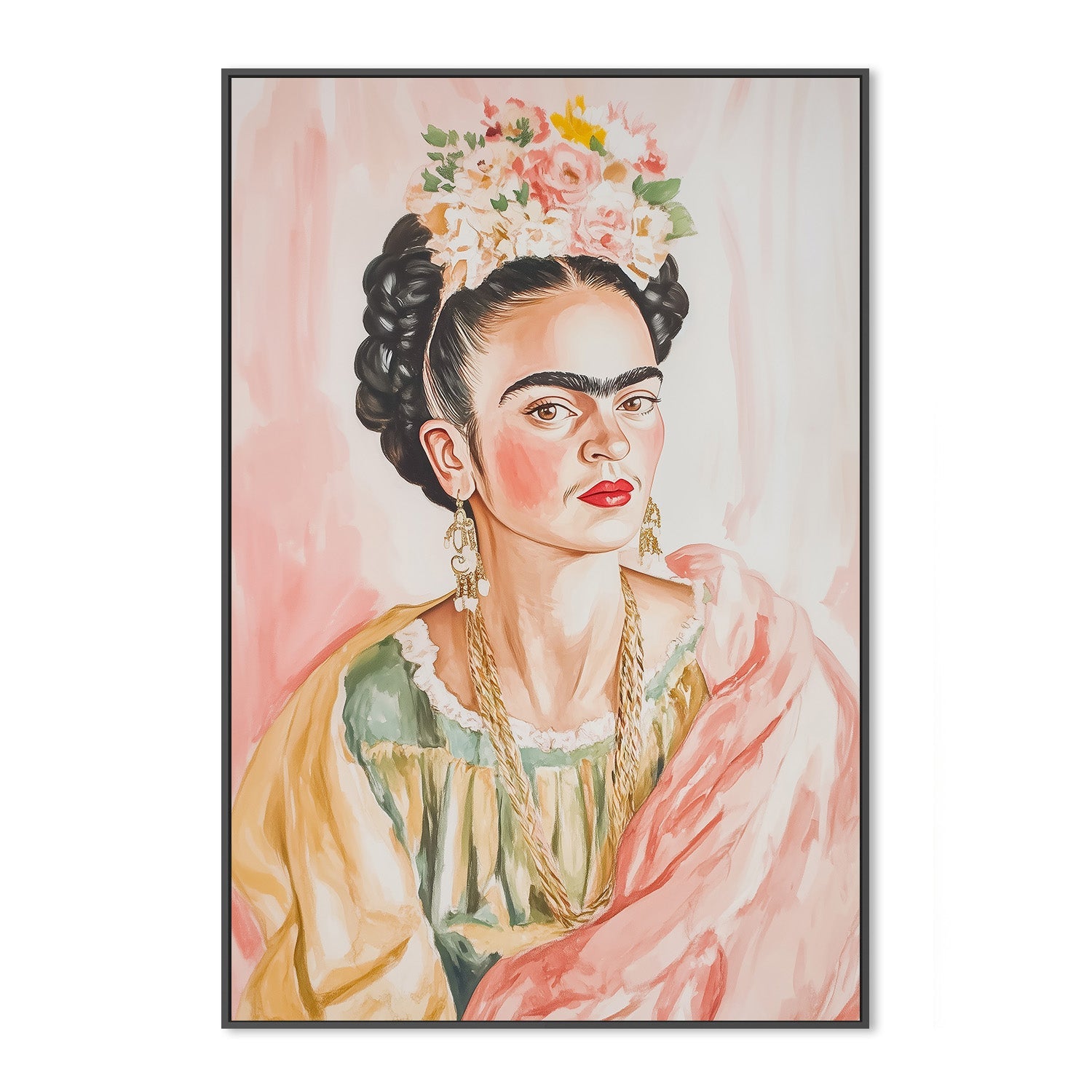 wall-art-print-canvas-poster-framed-Frida with Floral Crown Portrait in Watercolor , By Melloi Art-3