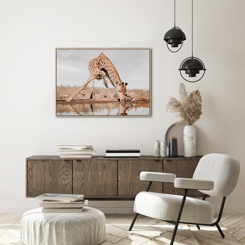 wall-art-print-canvas-poster-framed-Giraffe Having A Drink, By Linda D Lester-by-Plus X Studio-Gioia Wall Art