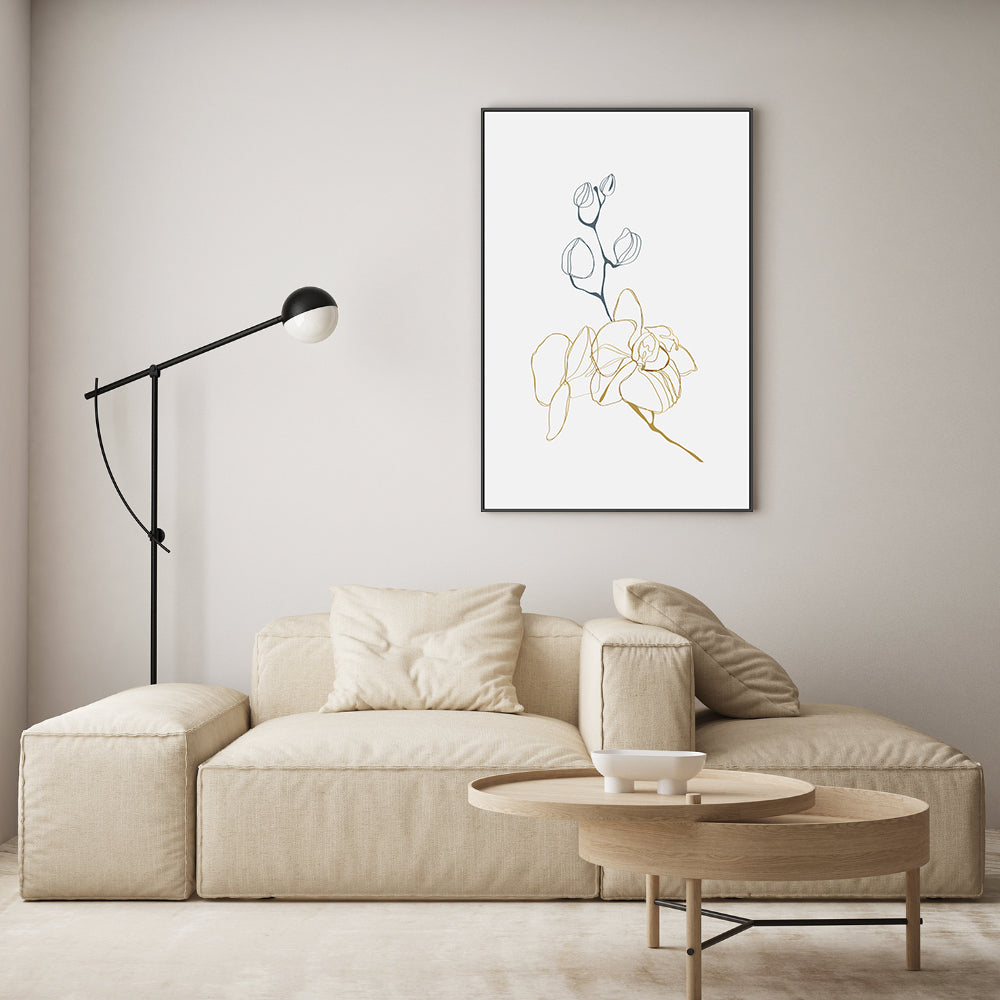 wall-art-print-canvas-poster-framed-Gold And Navy Floral Lines, Style C-GIOIA-WALL-ART