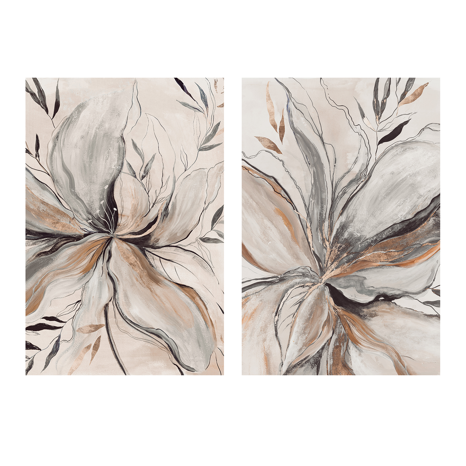 wall-art-print-canvas-poster-framed-Gold Brown Charcole Flower, Style A & B, Set Of 2 , By Asia Jensen-1