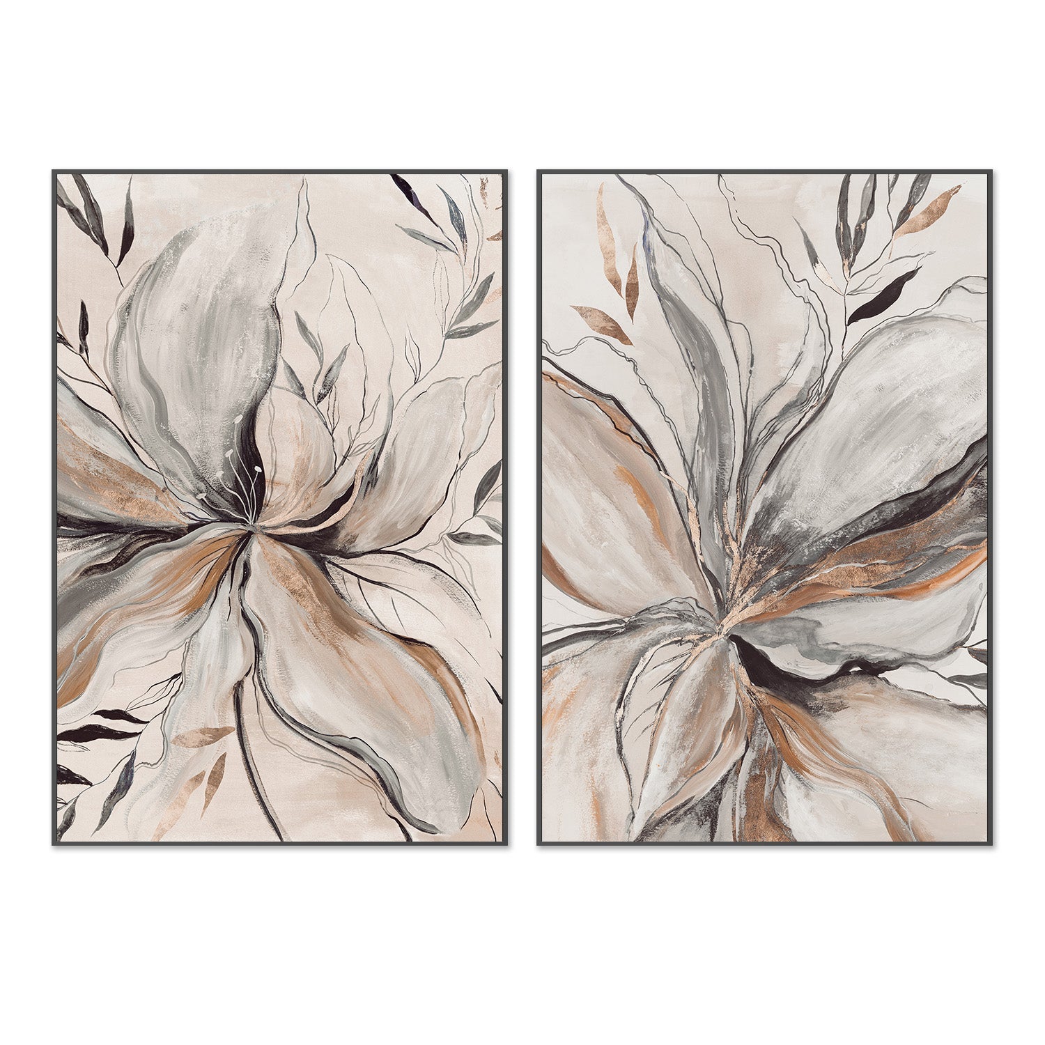 wall-art-print-canvas-poster-framed-Gold Brown Charcole Flower, Style A & B, Set Of 2 , By Asia Jensen-3