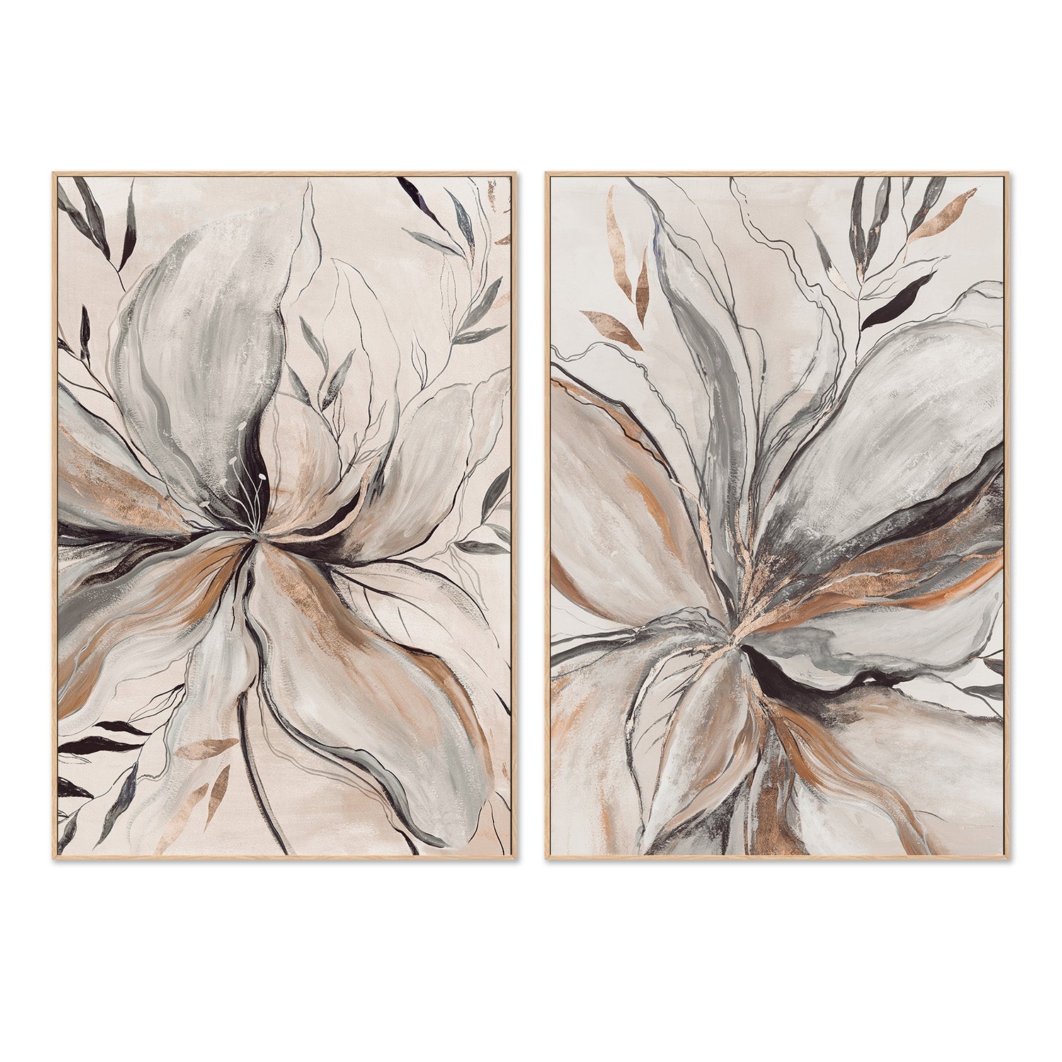 wall-art-print-canvas-poster-framed-Gold Brown Charcole Flower, Style A & B, Set Of 2 , By Asia Jensen-4