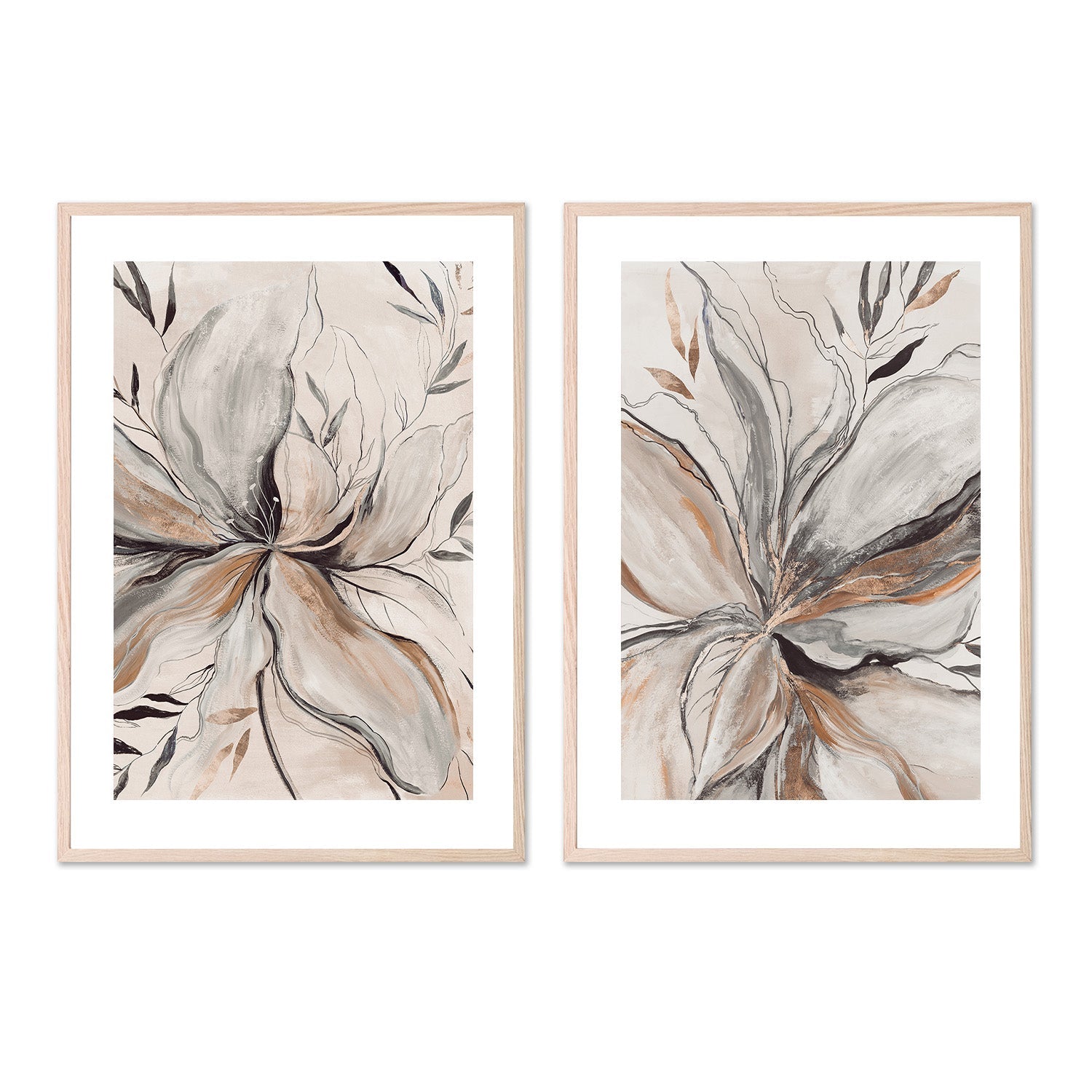 wall-art-print-canvas-poster-framed-Gold Brown Charcole Flower, Style A & B, Set Of 2 , By Asia Jensen-6
