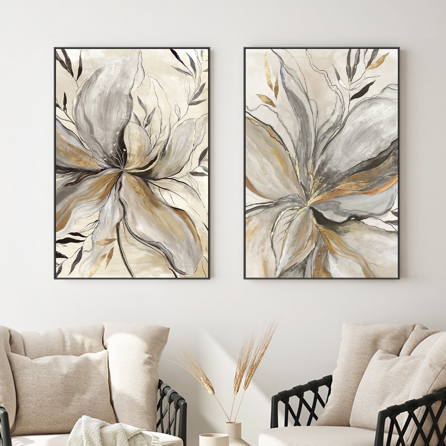wall-art-print-canvas-poster-framed-Gold Charcole Flower, Style A & B, Set Of 2 , By Asia Jensen-2