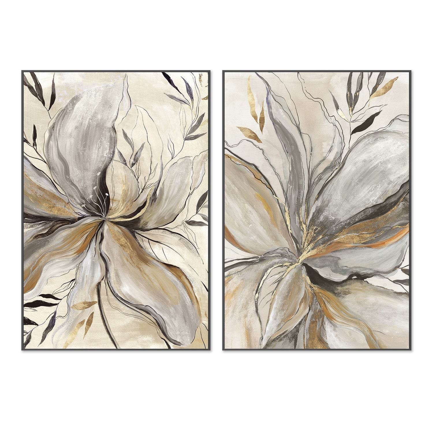 wall-art-print-canvas-poster-framed-Gold Charcole Flower, Style A & B, Set Of 2 , By Asia Jensen-3